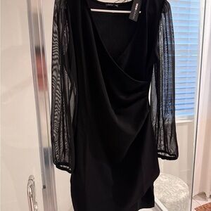 Fashion Nova Black Midi Dress with Sheer Sleeves
